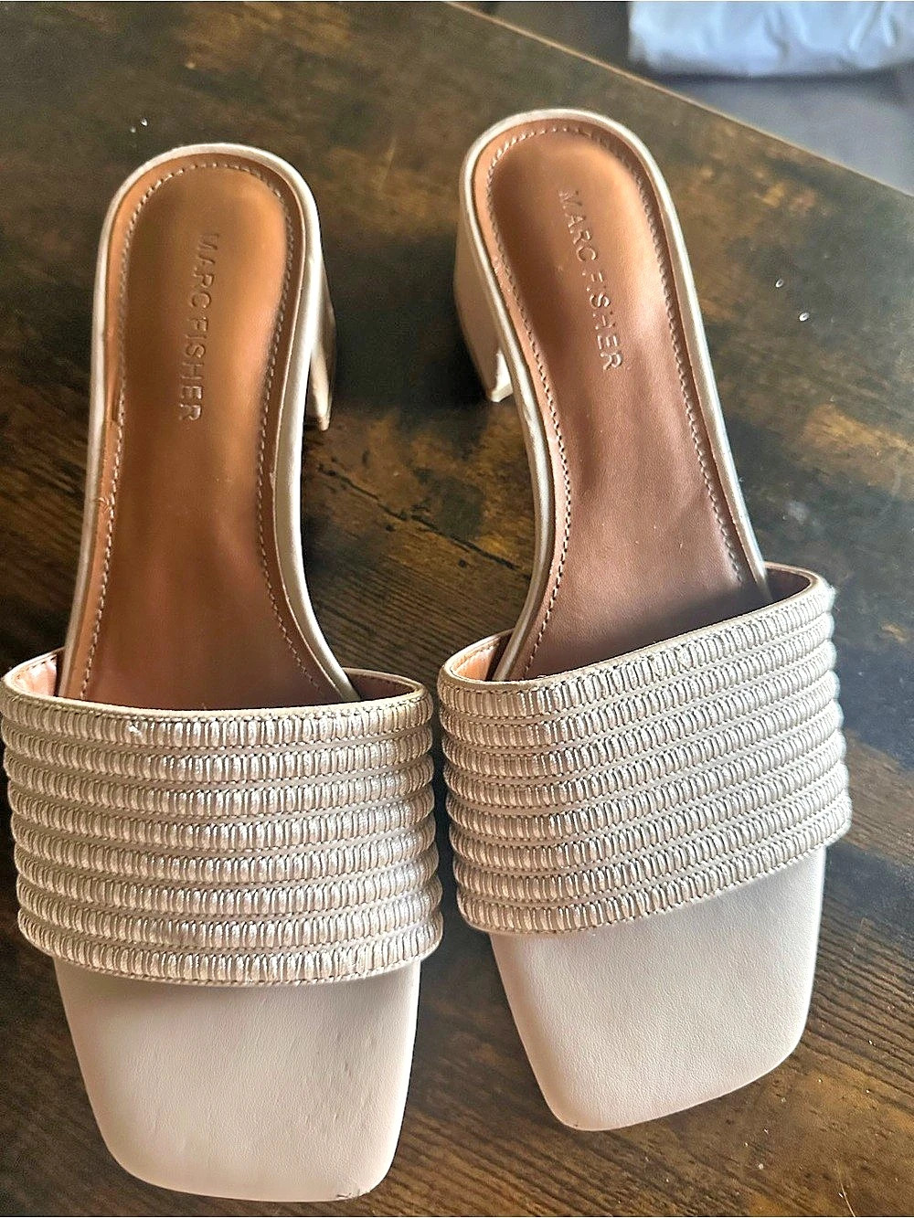Marc Fisher Woven Mule Heels in Beige